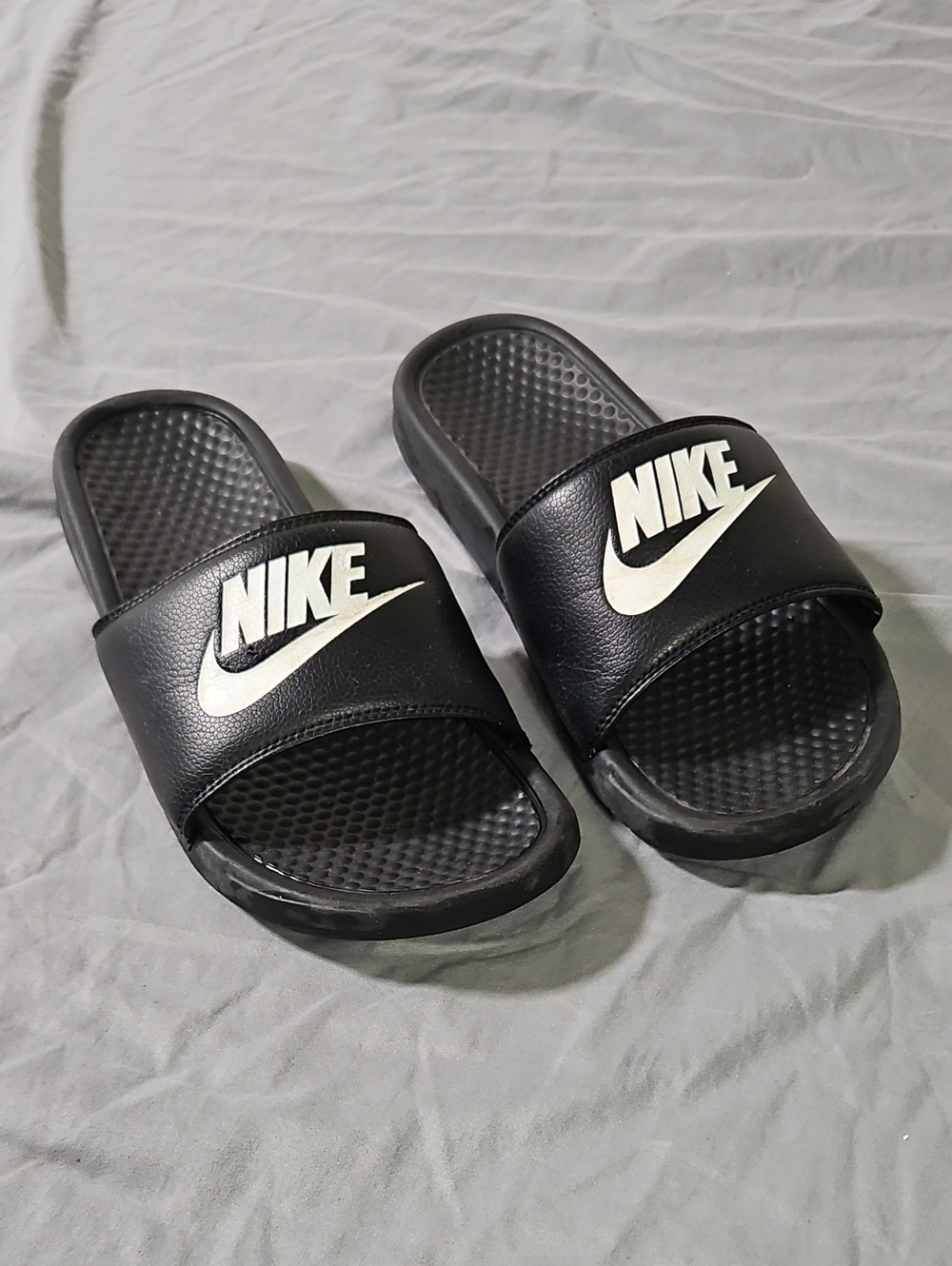Nike Black Slide Sandals with White Swoosh and Logo
